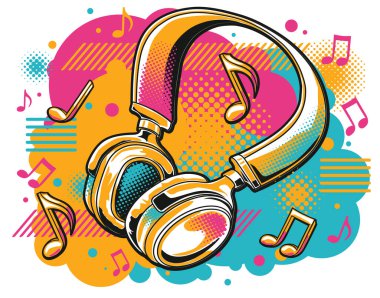 Müzik tasarımı - renkli kablosuz kulaklıklar ve müzik notaları