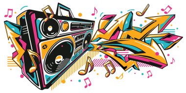 Renkli graffiti okları ve notaları olan müzik teybi.