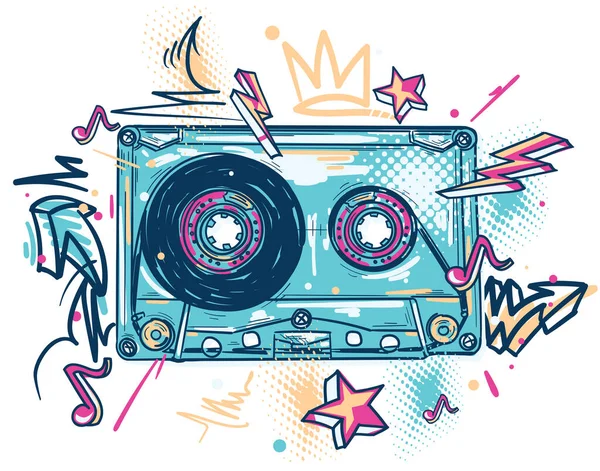 Drawn Colorful Musical Audio Cassette Graffiti Design — Stock Vector