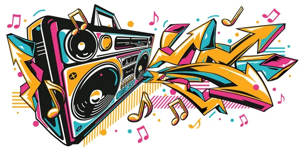 Musical Boom Box Magnó Színes Funky Graffiti Nyilak Jegyzetek — Stock Vector