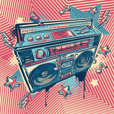 Müzik tasarımı - funky çizilmiş renkli teyp kaydedici 