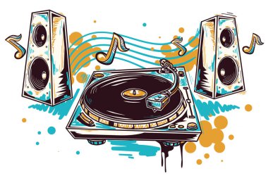 Hoparlörlü ve notalı turntable, renkli müzik tasarımı