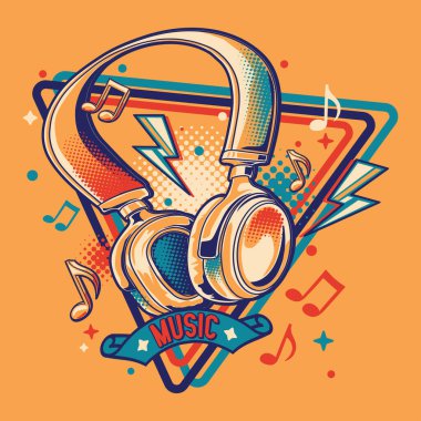 Müzik amblemi - renkli müzik kulaklıkları ve notalar