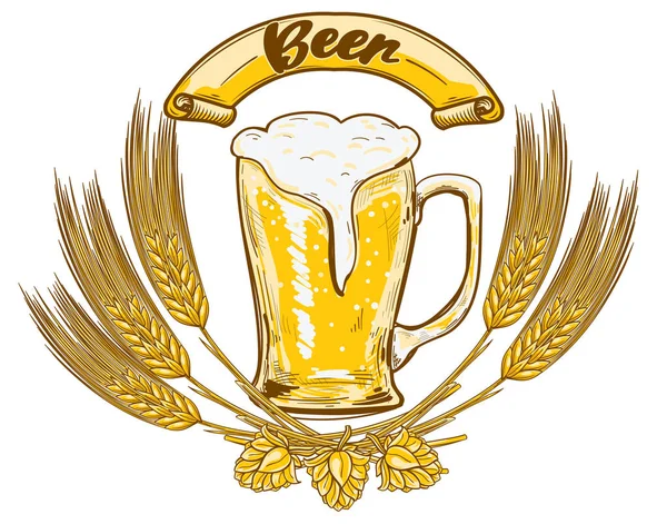 Copo Cerveja Emblema Decorativo Desenhado — Vetor de Stock