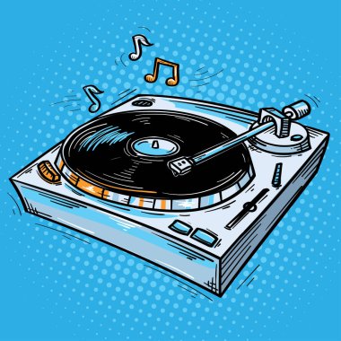 Çizilmiş turntable ve müzik notaları, renkli müzik tasarımı