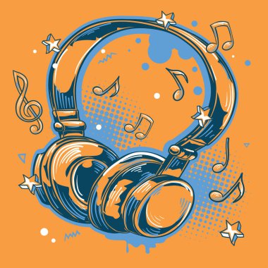 Music design - drawn colorful musical headphones and notes
