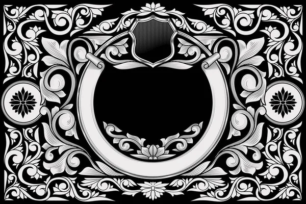 Decorativo Monocromatico Ornato Retrò Floreale Emblema Carta Bianca — Vettoriale Stock