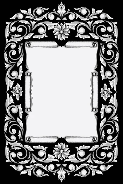 Decoratieve Monochrome Sierlijke Retro Bloemen Scroll Blanco Frame — Stockvector