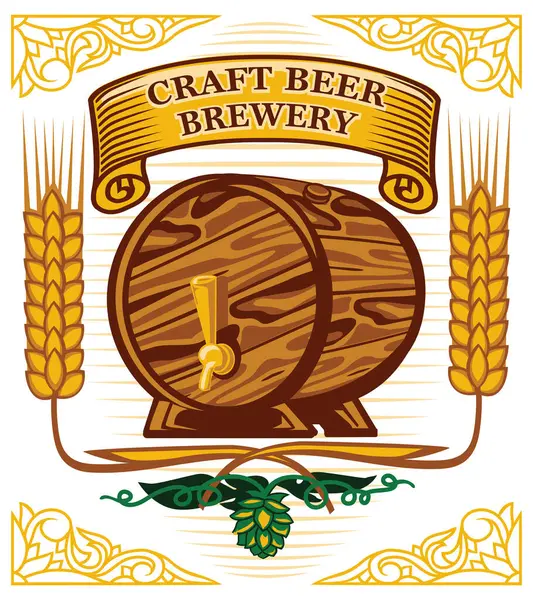 Craft Bier Brauerei Holzfass Dekorativ Gezeichnetes Emblem lizenzfreie Stockillustrationen