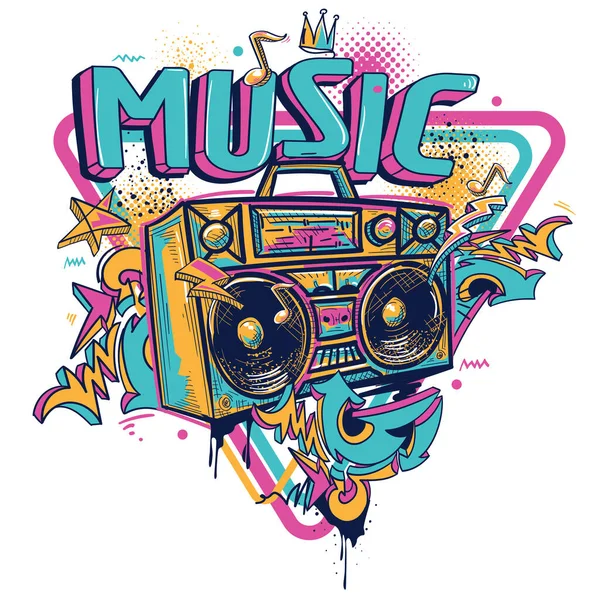 音乐徽章 带有彩色抽象涂鸦箭头和音符的时髦立体声盒式磁带录音机 免版税图库矢量图片
