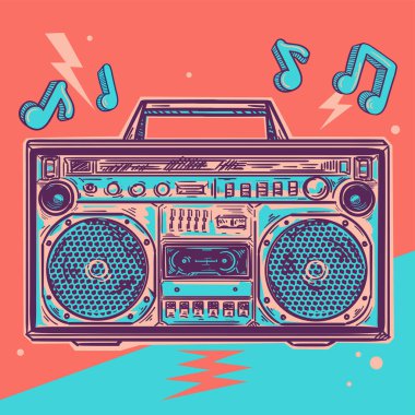 Müzik tasarımı - renkli teyp teybi ve müzik notaları çizildi