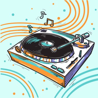 Çizilmiş vinil plaklar turntable ve müzik notaları, renkli müzik tasarımı