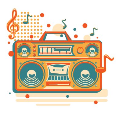 Music design - colorful boom box tape recorder and musical notes