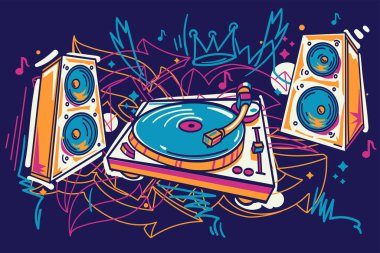 Hoparlörlü ve notalı turntable, renkli müzik tasarımı