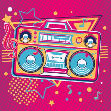 Music design - colorful boom box tape recorder and musical notes
