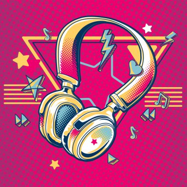 Music design - drawn colorful musical headphones and notes