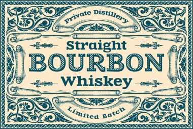 Bourbon Whiskey - süslemeli tek renkli dekoratif etiket