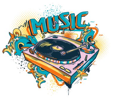 Müzikal turntable ve funky graffiti okları çizdim, renkli müzik tasarımı.