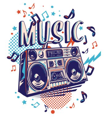 Müzik kaydedicisi ve notaları olan renkli müzik tasarımı çizildi