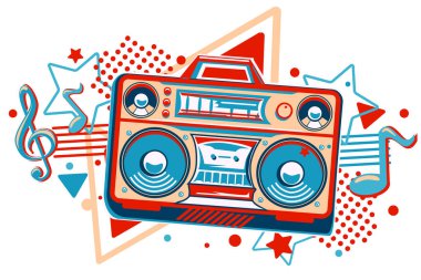 Music design - colorful boom box tape recorder and musical notes