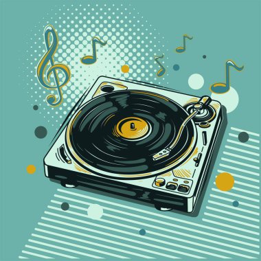 Vinil plaklar turntable ve müzik notaları, renkli müzik tasarımı