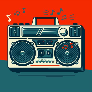 Renkli müzik teybi kayıt cihazı ve notalar - müzik tasarımı
