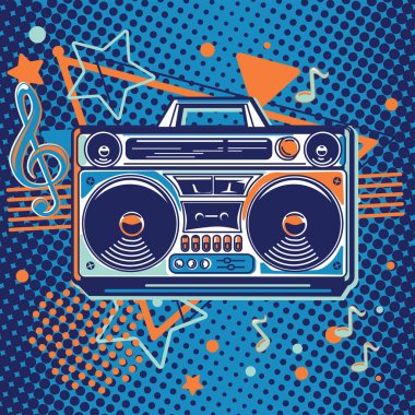 Müzik tasarımı - funky retro teyp teybi ve müzik notaları