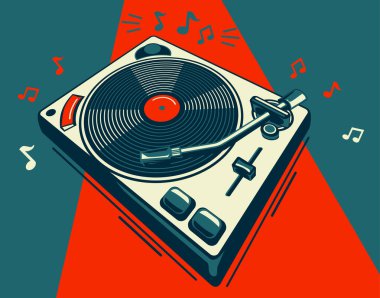Renkli müzikal plak çalar ve notalar - müzik tasarımı