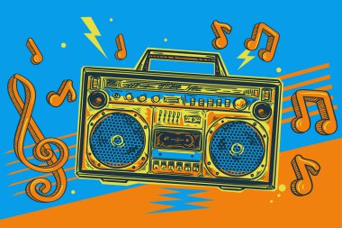 Müzik tasarımı - renkli çizilmiş teyp teybi ve müzik notaları