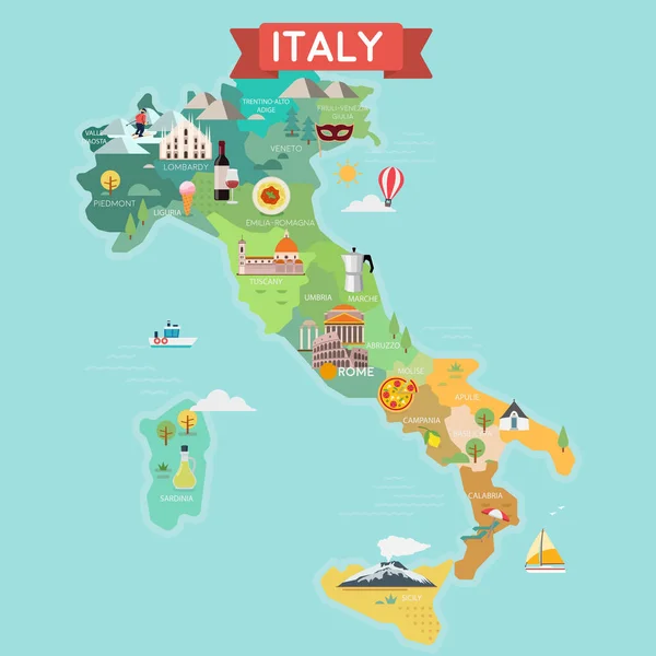 Italien Touristische Landkarte Mit Regionen Sehenswürdigkeiten Für Touristen Und Reisende — Stockvektor