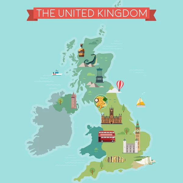 stock vector Map of Great Britain, United Kingdom with famous landmarks.
