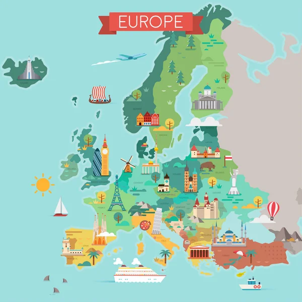 Karta Över Europa Med Ländernamn Turistkarta Platt Stil Illustration — Stock vektor