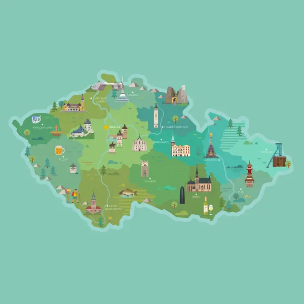 Mapa Czech Stylizowana Mapa Miastami Zabytkami — Wektor stockowy