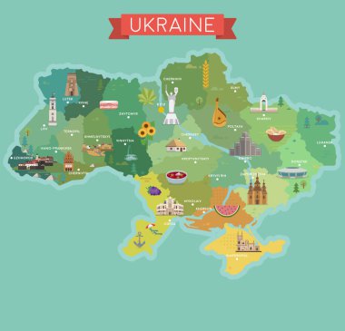 Ukrayna 'nın stilize edilmiş haritası. Ukrayna simgeleriyle seyahat illüstrasyonu.