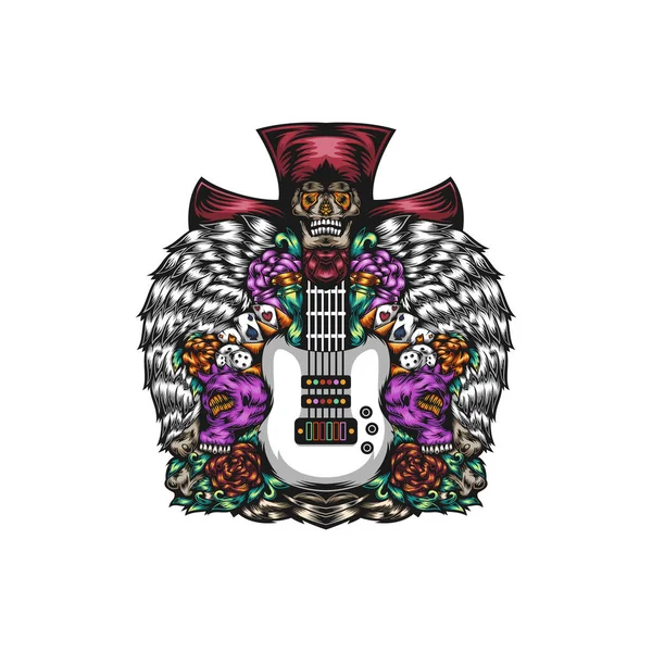 Illustration guitar with skull and wing design vector