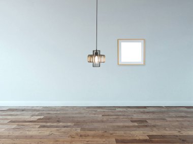 Boş ev iç tasarımı ve gri taş duvarda lamba. 3B illüstrasyon