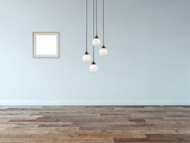 Boş ev iç tasarımı ve gri taş duvarda lamba. 3B illüstrasyon
