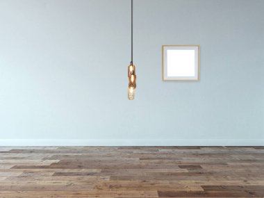 Boş ev iç tasarımı ve gri taş duvarda lamba. 3B illüstrasyon