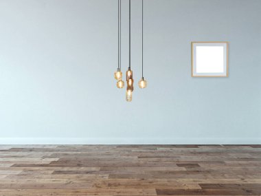 Boş ev iç tasarımı ve gri taş duvarda lamba. 3B illüstrasyon