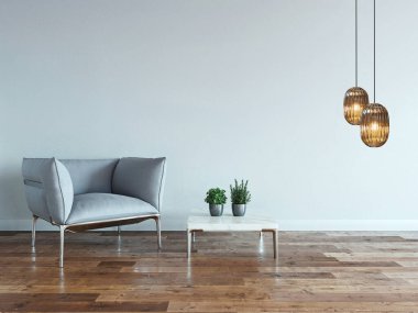 Boş ev iç tasarımı ve lamba. 3B illüstrasyon