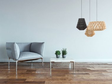 Parlak boş iç tasarım, taş duvar. 3B illüstrasyon