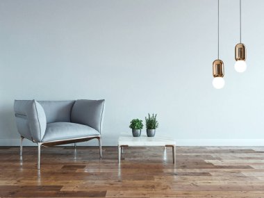 Parlak boş iç tasarım, taş duvar. 3B illüstrasyon