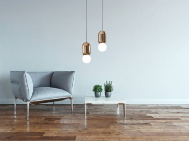 Parlak boş iç tasarım, taş duvar. 3B illüstrasyon