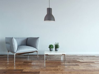 Parlak boş iç tasarım, taş duvar. 3B illüstrasyon