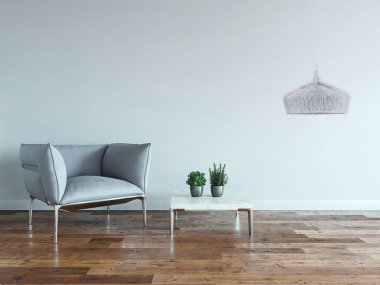 Parlak boş iç tasarım, taş duvar. 3B illüstrasyon