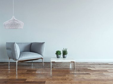 Parlak boş iç tasarım, taş duvar. 3B illüstrasyon