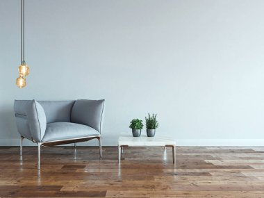 Parlak boş iç tasarım, taş duvar. 3B illüstrasyon