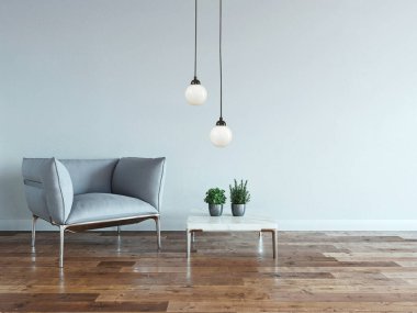 interior design with modern gray chairs and bright empty space. 3D illustration