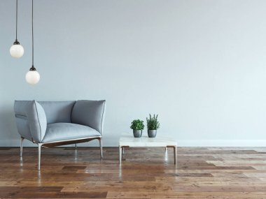 interior design with modern gray chairs and bright empty space. 3D illustration