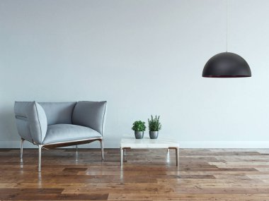 interior design with modern gray chairs and bright empty space. 3D illustration